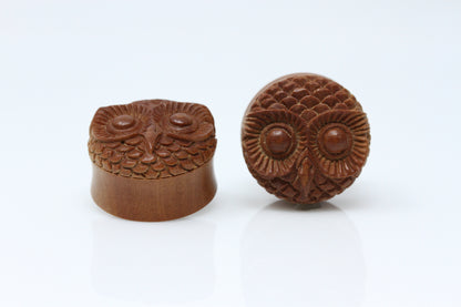 Owl Hand Carved Wood Plugs (Pair) - PA11