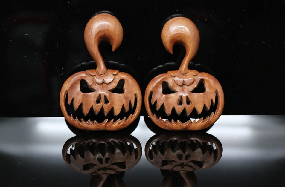 Carved Wood Pumpkin Hangers - Hand Carved Plugs (Pair) - A071