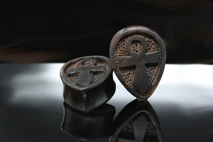 Wood Ankh TearDrop Plugs for Stretched Ears (Pair) - PA72