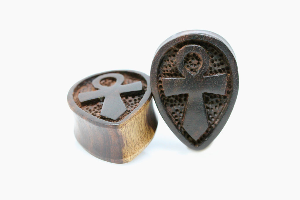 Wood Ankh TearDrop Plugs