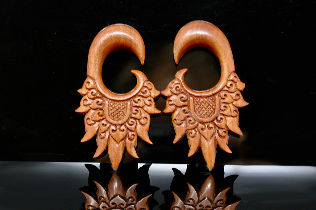 Carved Wood Plug Hangers - Stretched Ear Plug (Pair) - A053