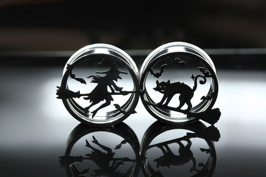 Witch and Cat Stainless Steel Tunnels - Screw on Tunnel (Pair) - PSS227