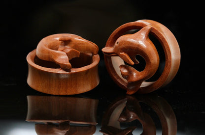Wooden Dolphin Plugs - Hand-Carved Plugs (Pair) - PA156