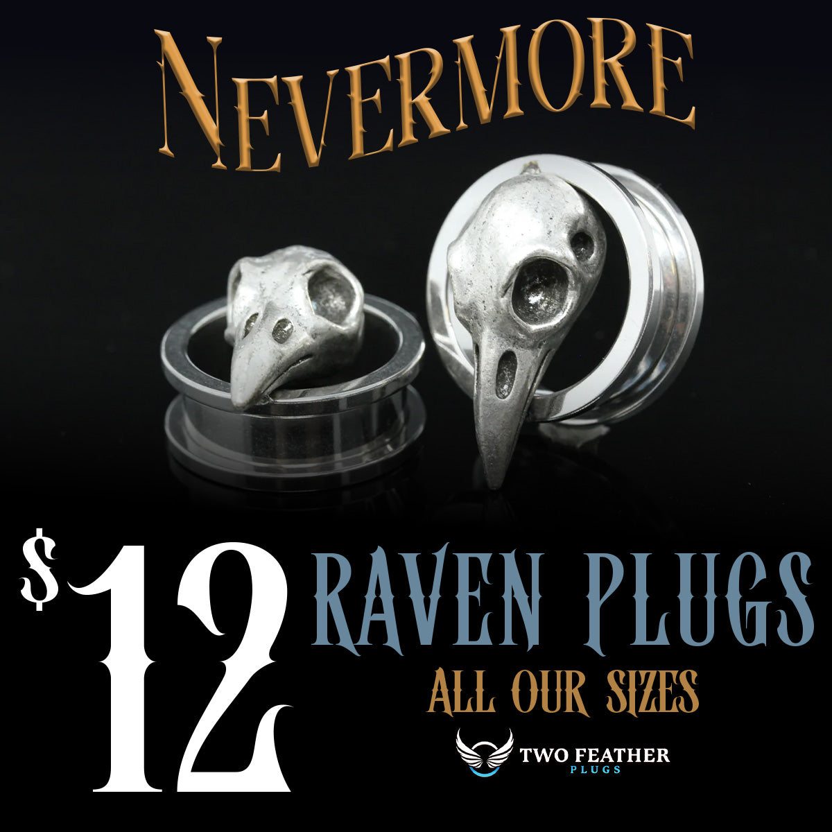 Raven Skull Stainless Steel Tunnels - Screw on Tunnel (Pair) - PSS08