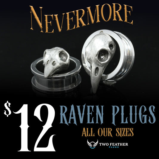 Raven Skull Stainless Steel Tunnels - Screw on Tunnel (Pair) - PSS08