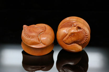 Wooden Fox Plugs - Hand Carved Wood Plugs (Pair) - PA185