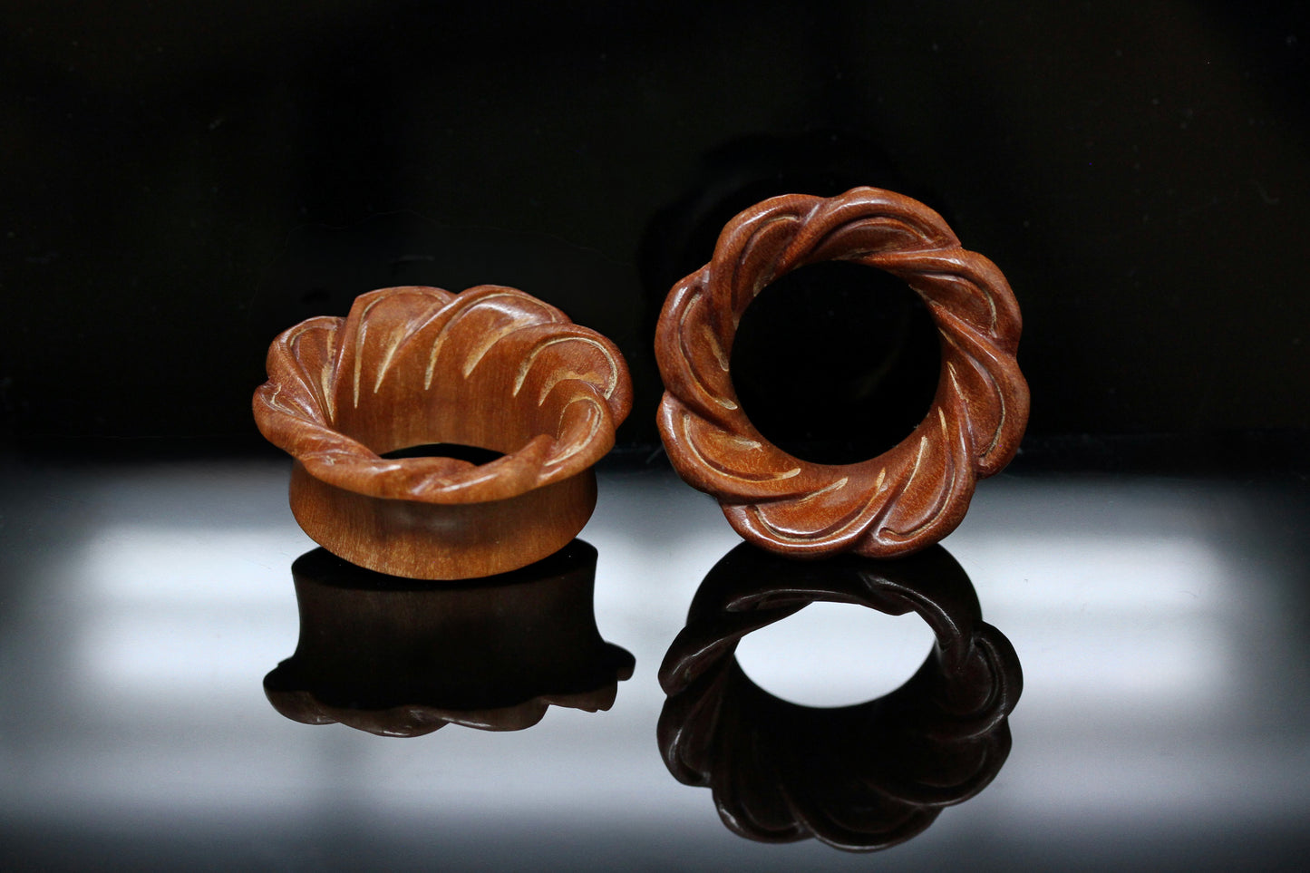 Petal Wheel Tunnel Plugs - Carved Wooden Tunnel (Pair) - PA80