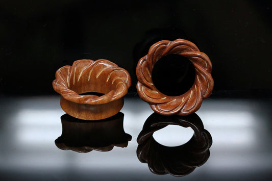 Petal Wheel Tunnel Plugs - Carved Wooden Tunnel (Pair) - PA80