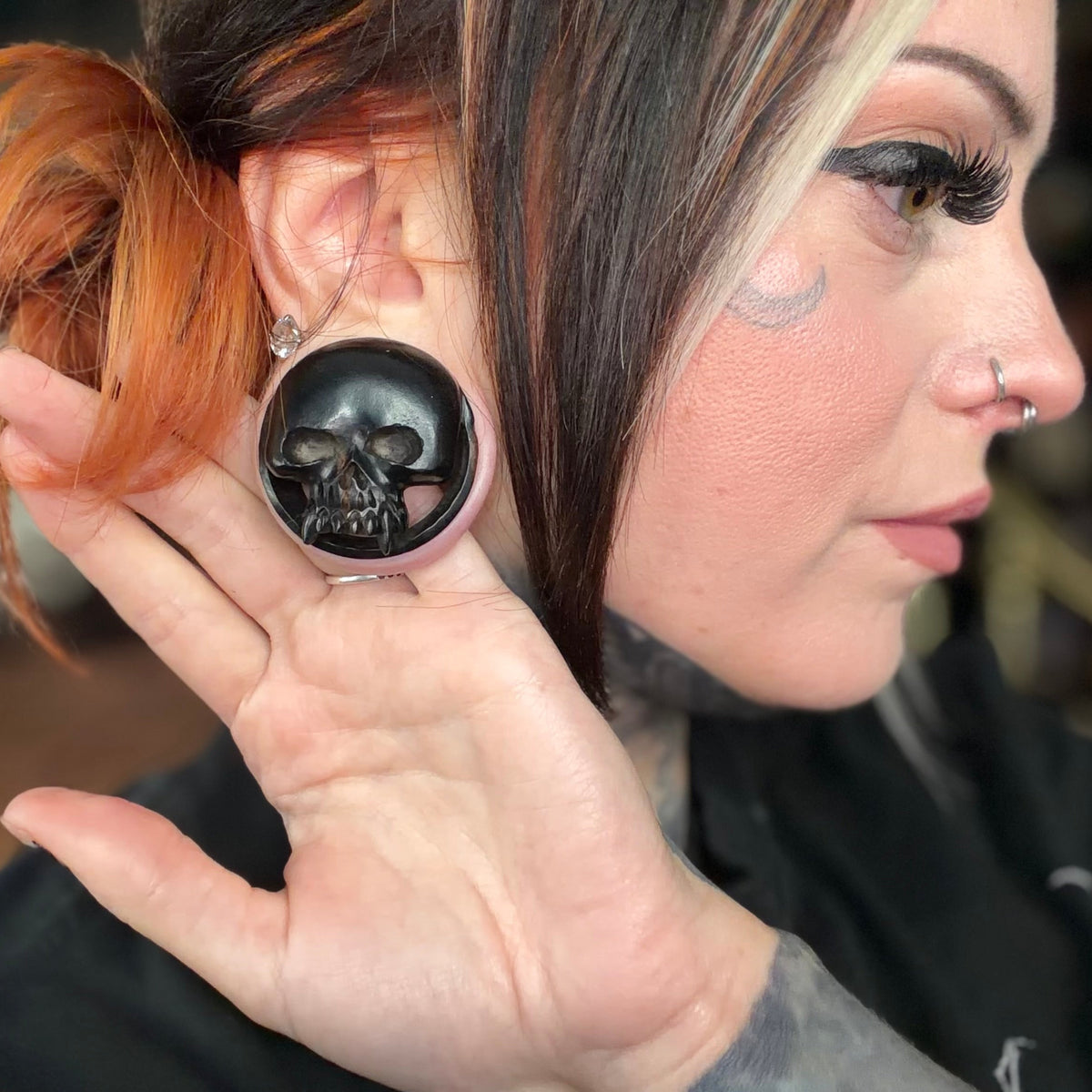 Areng Wood Vampire Skull Tunnels - Carved Areng Wood Plugs (Pair) - PA92