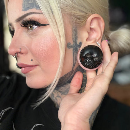 Areng Wood Vampire Skull Tunnels - Carved Areng Wood Plugs (Pair) - PA92
