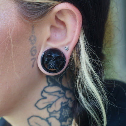 Areng Wood Vampire Skull Tunnels - Carved Areng Wood Plugs (Pair) - PA92