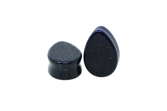 Blue Goldstone Teardrop Plugs - Double Flared Glass Plugs (Pair) - PH39
