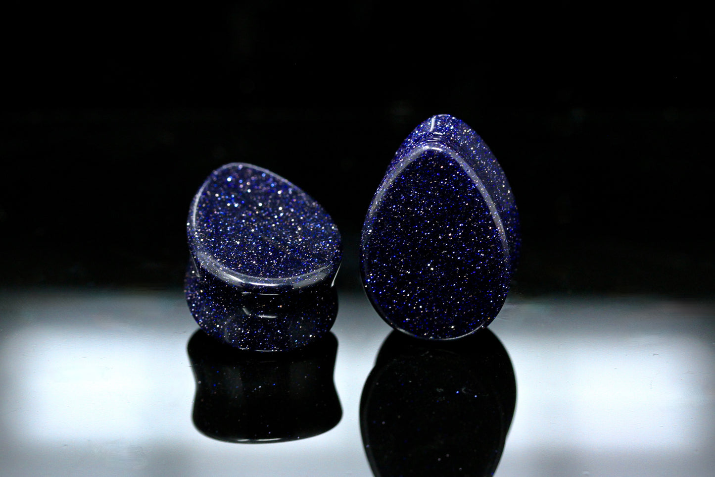 Blue Goldstone Teardrop Plugs - Double Flared Glass Plugs (Pair) - PH39
