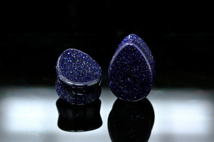 Blue Goldstone Teardrop Plugs - Double Flared Glass Plugs (Pair) - PH39
