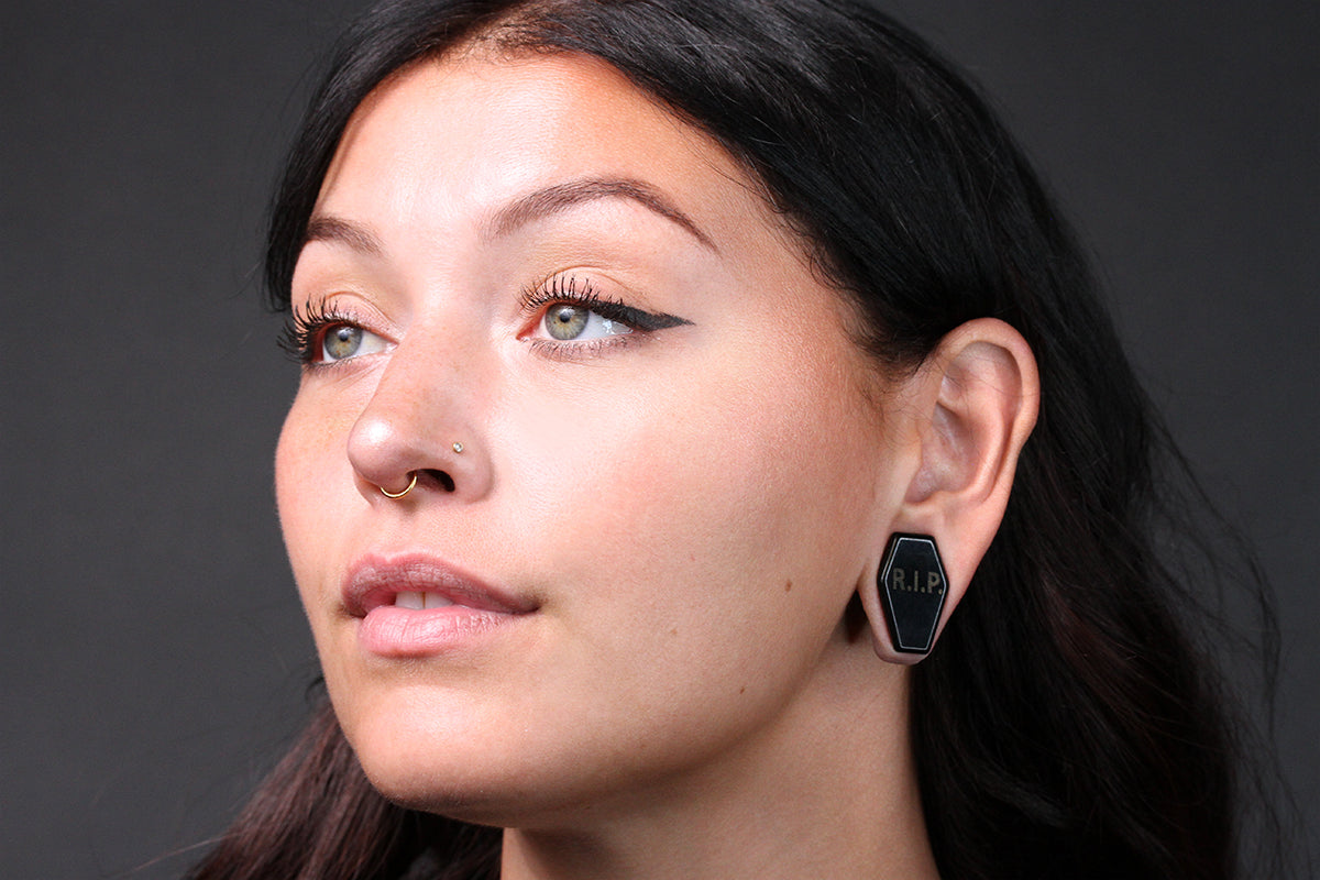Black RIP Obsidian Coffin Plugs - PH96