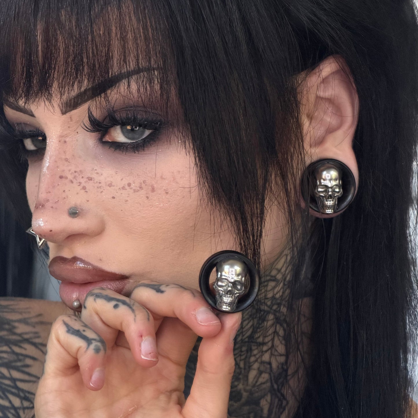 Silver Skull Wood Tunnels - (Pair) - PSS10