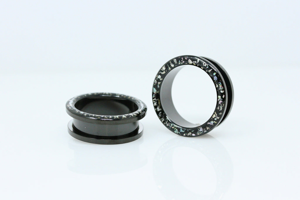 Black Abalone Speck Tunnels (Pair) - PSS238