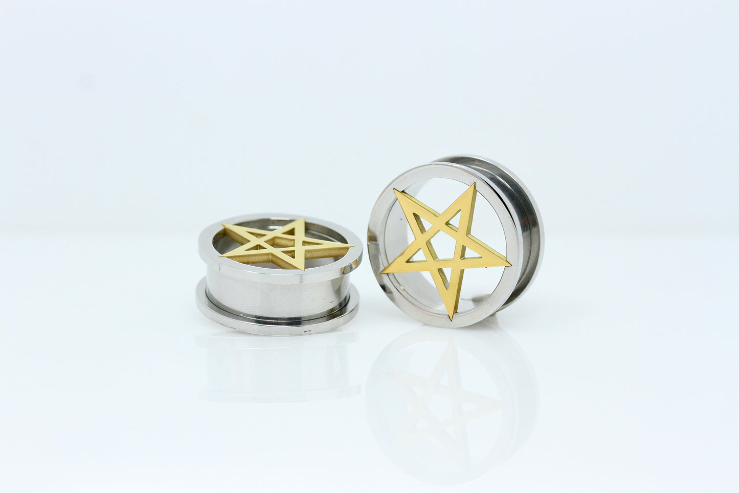 Gold Pentagram Stainless Steel Tunnels - Screw on Tunnel (Pair) - PSS247