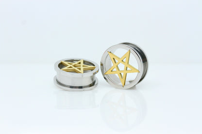 Gold Pentagram Stainless Steel Tunnels - Screw on Tunnel (Pair) - PSS247