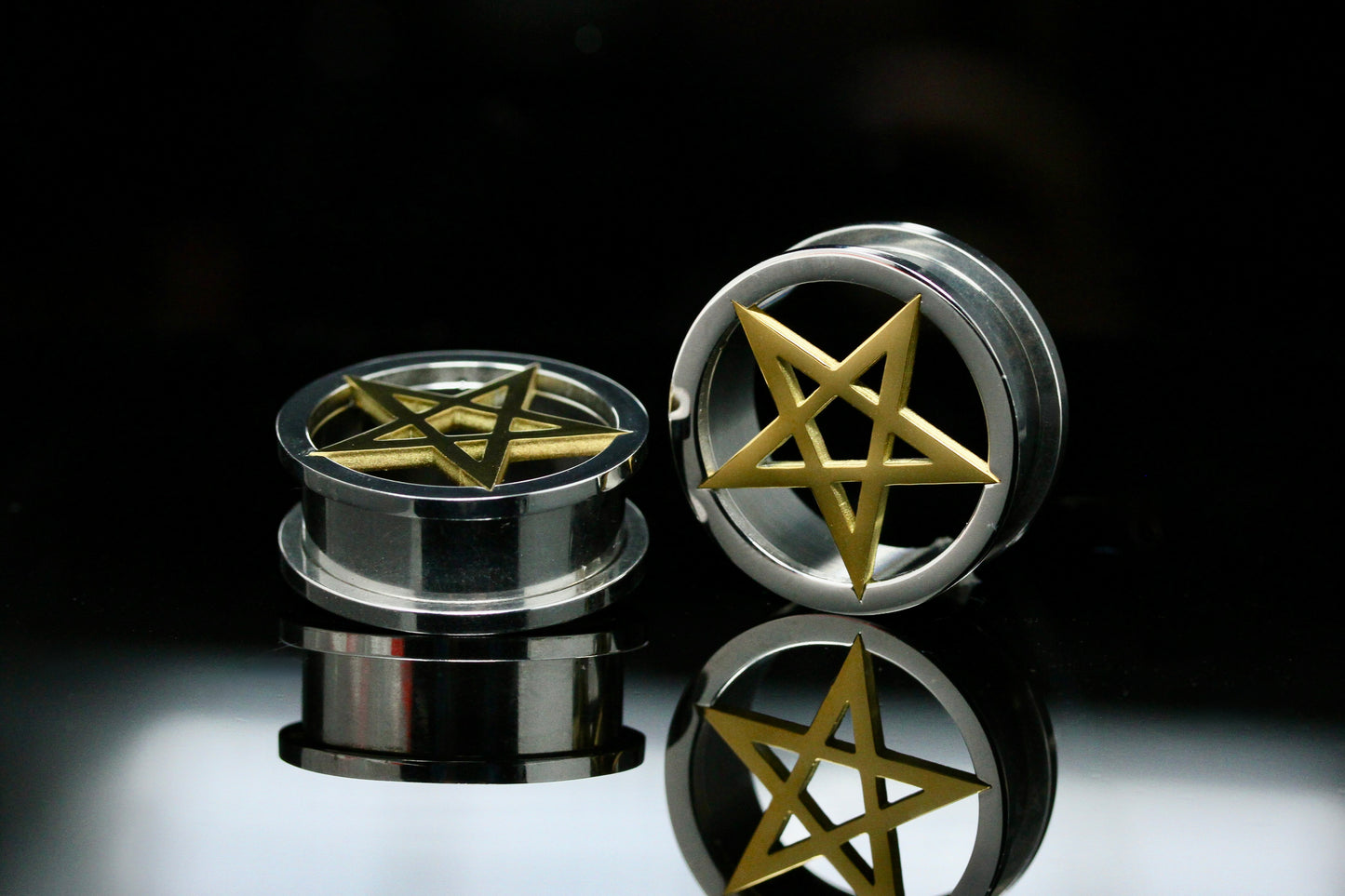 Gold Pentagram Stainless Steel Tunnels - Screw on Tunnel (Pair) - PSS247
