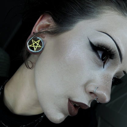 Gold Pentagram Stainless Steel Tunnels - Screw on Tunnel (Pair) - PSS247