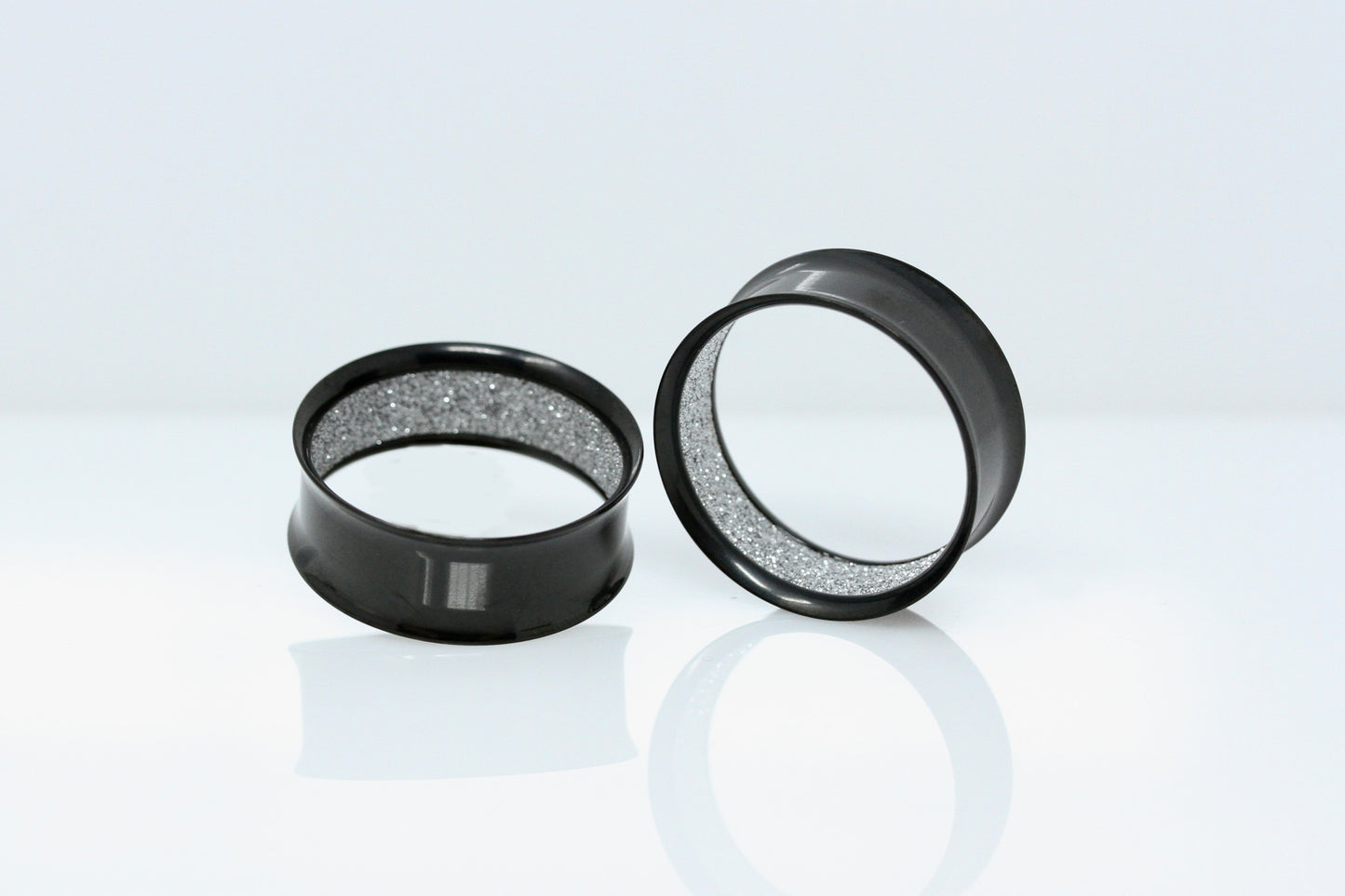 Silver Glitter Black Stainless Steel Tunnels (Pair) - PSS88