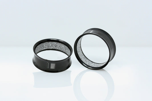 Silver Glitter Black Stainless Steel Tunnels (Pair) - PSS88