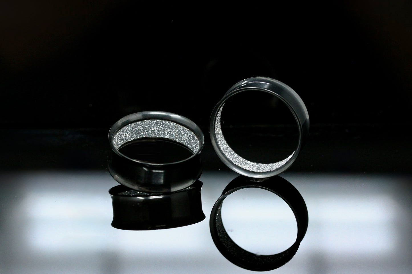 Silver Glitter Black Stainless Steel Tunnels (Pair) - PSS88