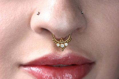 Harmonia Septum Clicker - Golden Titanium with Cubic Zirconia stones - SPT014 1.2mm (16G) - 8mm Harmonia Septum Clicker - Golden Titanium with Cubic Zirconia stones - SPT014 1.2mm (16G) - 8mm