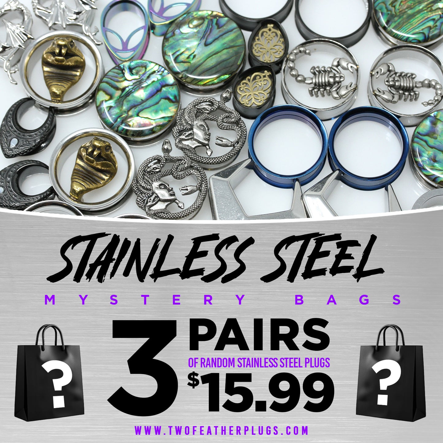 Stainless Steel Mystery Bag - 3 Pairs of Random Plugs - PBGBSS