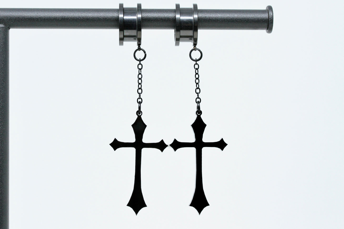 Black Cross Stainless Steel Danglers - Screw on Tunnel (Pair) - TF002