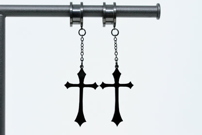 Black Cross Stainless Steel Danglers - Screw on Tunnel (Pair) - TF002