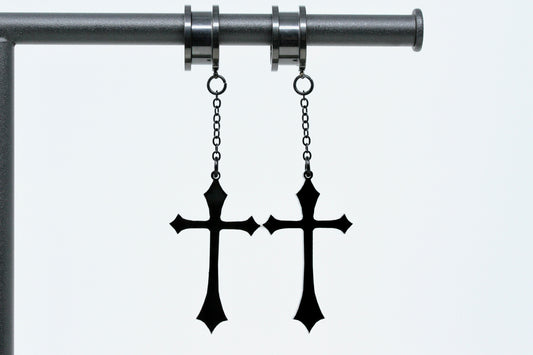 Black Cross Stainless Steel Danglers - Screw on Tunnel (Pair) - TF002