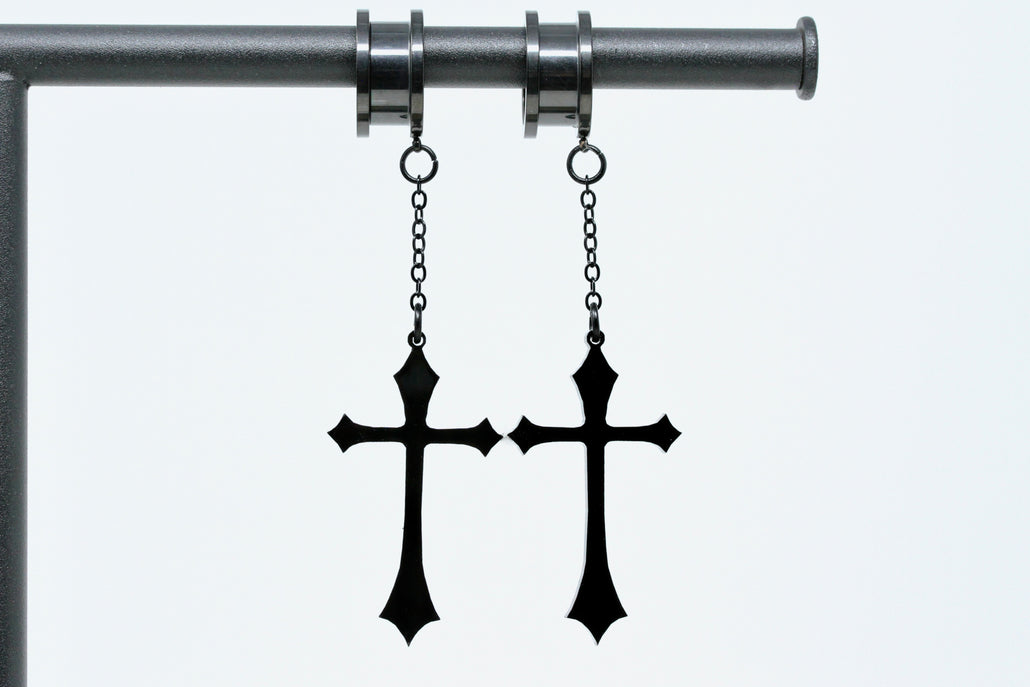 Black Cross Stainless Steel Danglers - Screw on Tunnel (Pair) - TF002