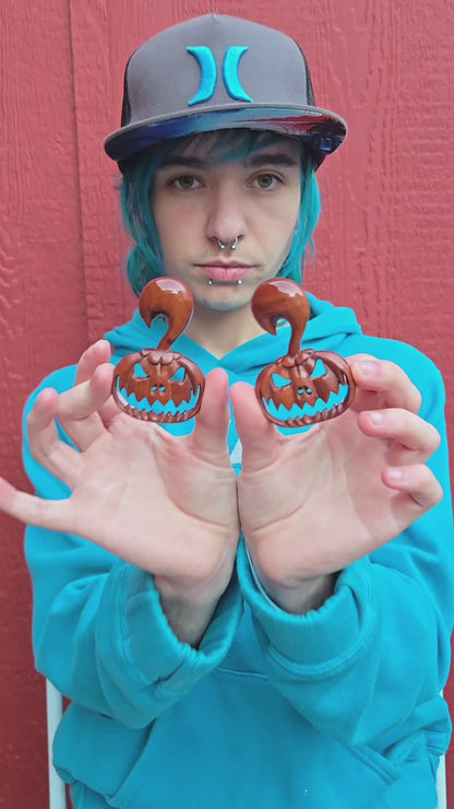 Carved Wood Pumpkin Hangers - Hand Carved Plugs (Pair) - A071