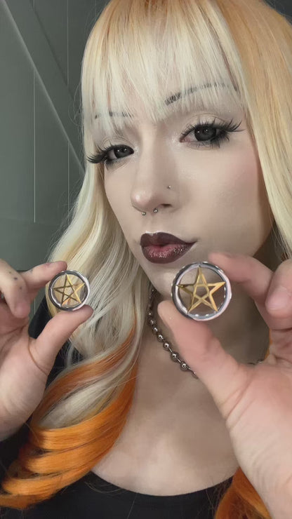Gold Pentagram Stainless Steel Tunnels - Screw on Tunnel (Pair) - PSS247