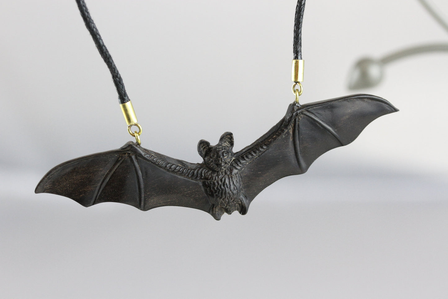 Flying Bat Necklace - Carved Wood Necklace - U060