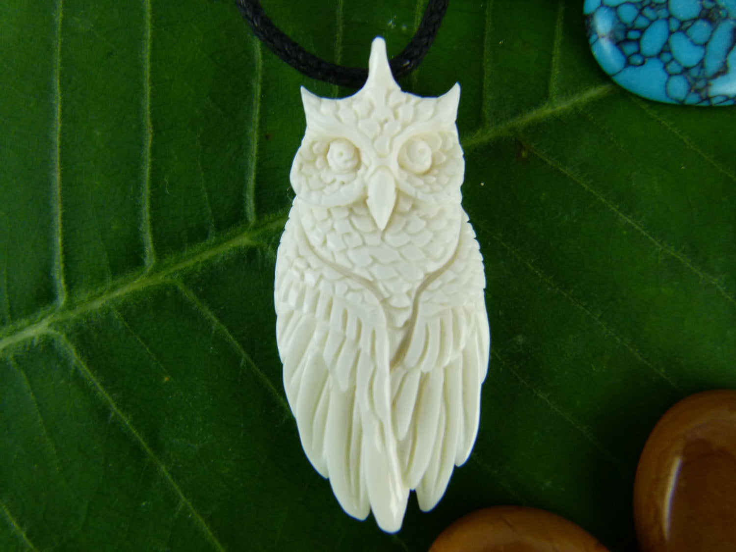 White Horned Owl Necklace Carved bone X031 Two Feather Plugs