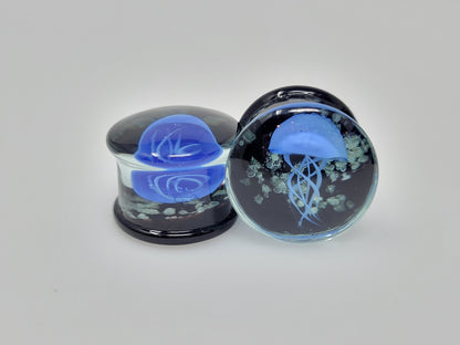 Blue Glow in the Dark Jellyfish Glass Plugs - Pair 2