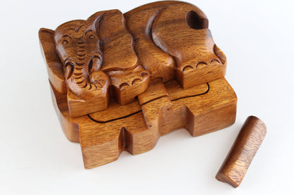 Elephant puzzle box - Hand carved wood box