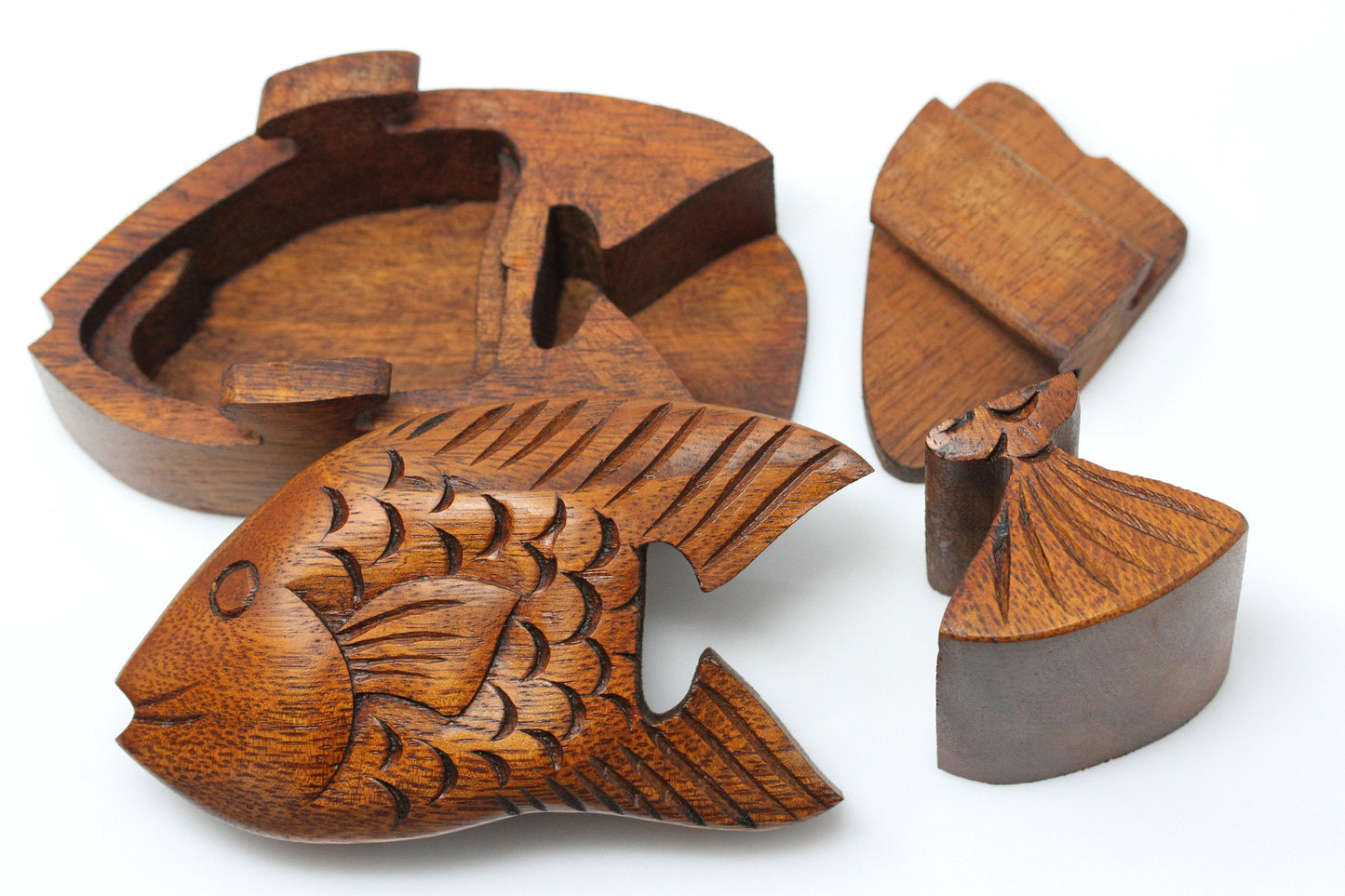Fish secret puzzle box - hand carved wooden box