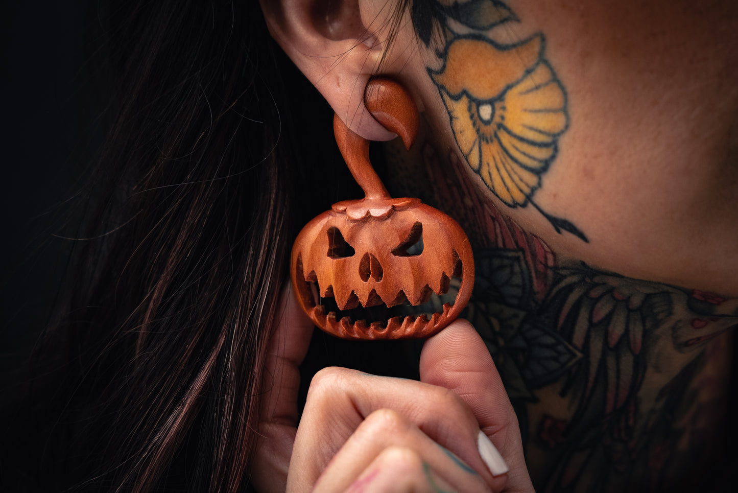 Carved Wood Pumpkin Hangers - Hand Carved Plugs (Pair) - A071