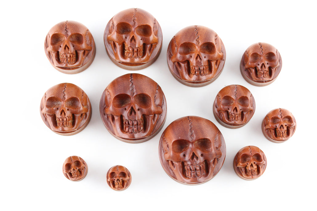 Carved Wooden Skull Plugs - Carved Sawo Wood Plugs (Pair) - PA63