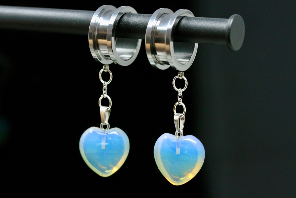 Opalite Heart Stainless Steel Danglers - Screw on Tunnel (Pair) - TF047