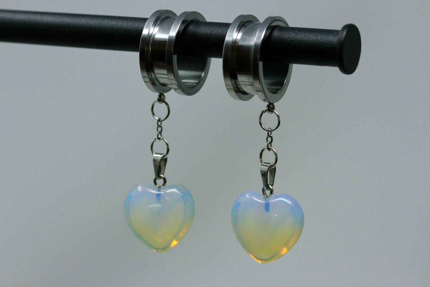 Opalite Heart Stainless Steel Danglers - Screw on Tunnel (Pair) - TF047