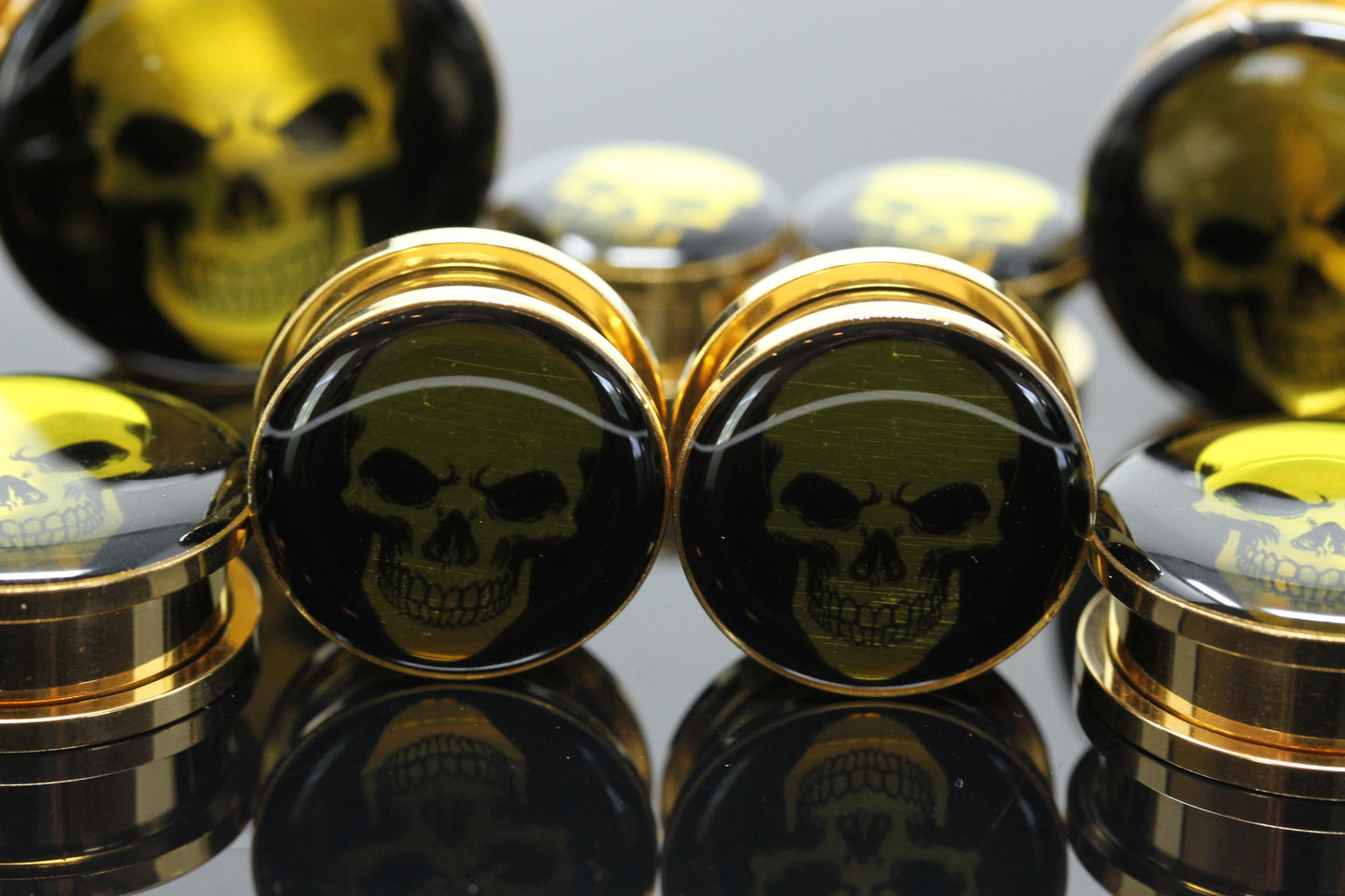 Gold Holo-Skull Stainless Steel Plugs (Pair) - PSS89