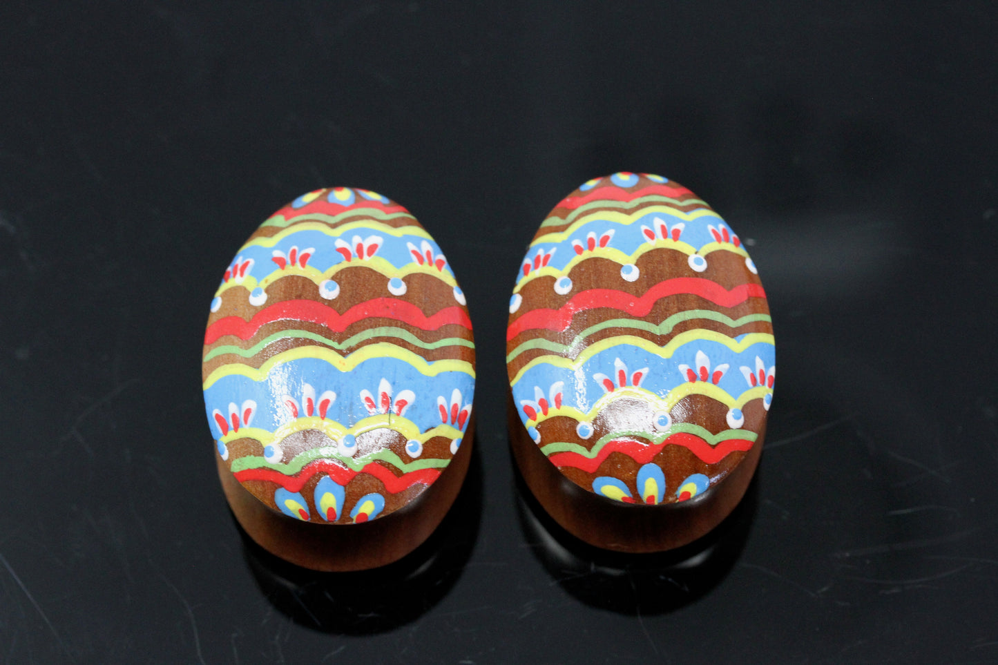 Hand painted Egg shape Wood Plugs - Milk Chocolate (Pair) - PA137