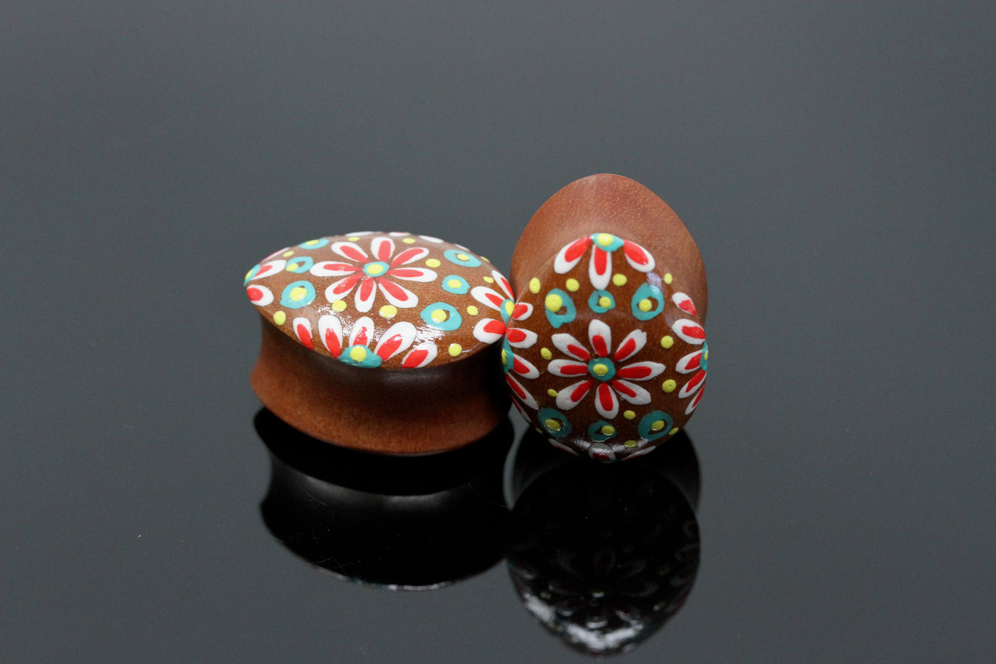 Hand painted Egg shape Wood Plugs - Flora (Pair) - PA139