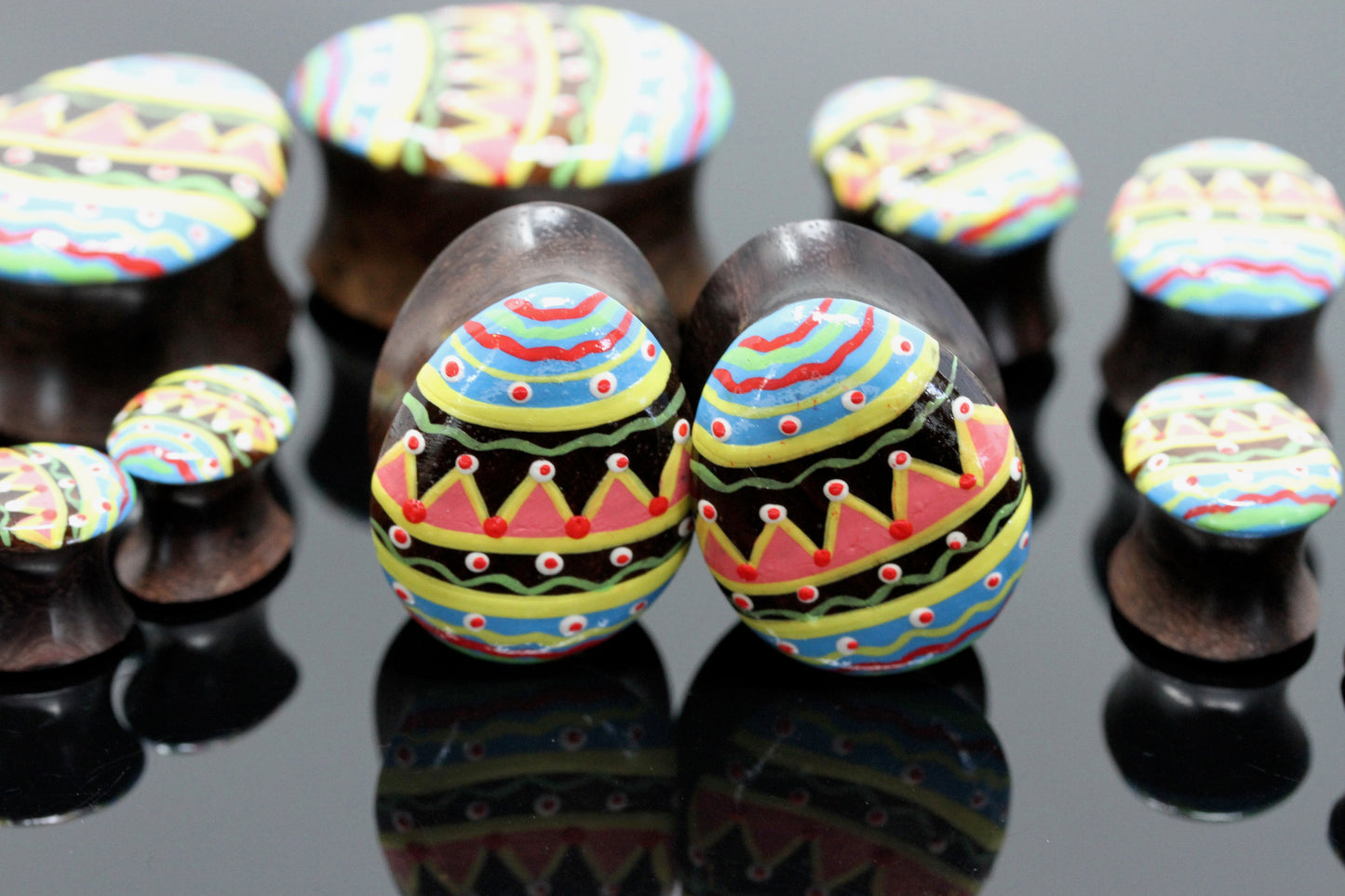 Hand painted Egg shape Wood Plugs - Dark Chocolate - (Pair) - PA134