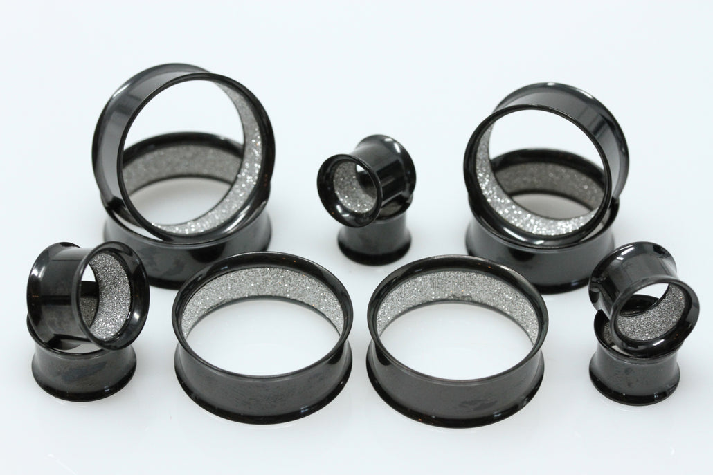 Silver Glitter Black Stainless Steel Tunnels (Pair) - PSS88